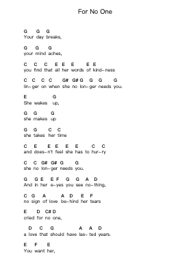 For No One Piano letter notes by The Beatles - Arr.Morsedric