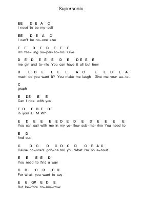 Supersonic Piano letter notes by Oasis - Arr.Leeles Stoweser
