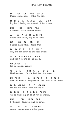 One Last Breath Piano letter notes by Creed - Arr.Nites