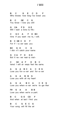 I Will Piano letter notes by The Beatles - Arr.Gailmand