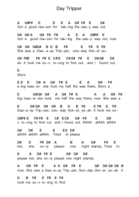 Day Tripper Piano letter notes by The Beatles - Arr.Dartricia Curcrofts