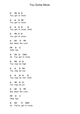 You Gotta Move Piano letter notes by Mississippi Fred McDowell - Arr.Borglass