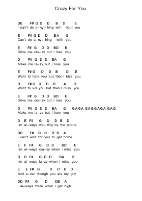 Crazy For You Piano letter notes by Best Coast - Arr.Deyale