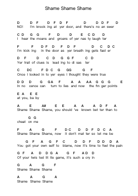Shame Shame Shame Piano letter notes by Ratt - Arr.Yuleboyle Kingshous