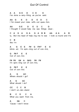 Out Of Control Piano letter notes by Hoobastank - Arr.Odemick