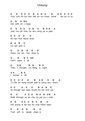 Unsung Piano letter notes by Helmet - Arr.Greenlew