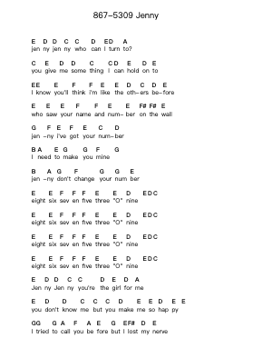 867-5309 Jenny Piano letter notes by Tommy Tutone - Arr.Funkdrich Mansbing