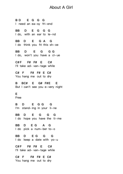 About A Girl Piano letter notes by Nirvana - Arr.Everkeith Abters