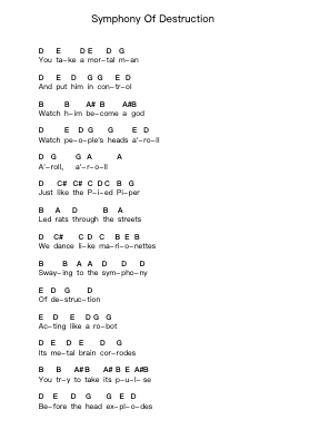Symphony Of Destruction Piano letter notes by Megadeth - Arr.Hagpold