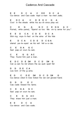 Cadence And Cascade Piano letter notes by King Crimson - Arr.Jimdrea