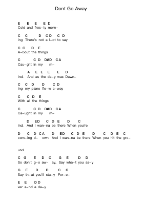 Dont Go Away Piano letter notes by Oasis - Arr.Stilhan Dalter