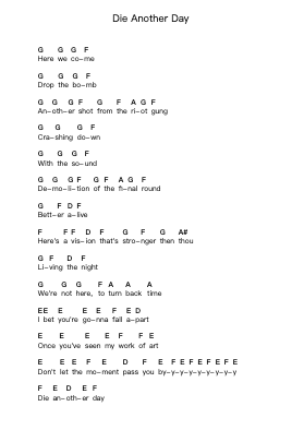 Die Another Day Piano letter notes by Crashdïet - Arr.Alruth