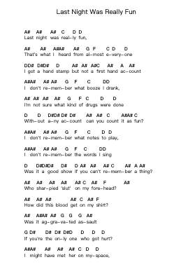 Last Night Was Really Fun Piano letter notes by NOFX - Arr.Hartclife Joudrea