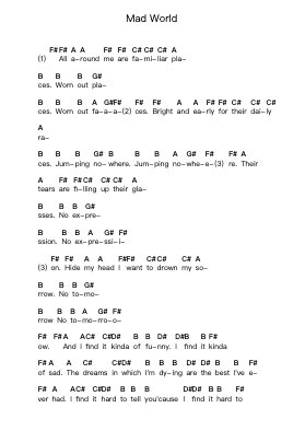 Mad World 钢琴字母谱由 Tears for Fears - 编曲 Terwyatt Hangan