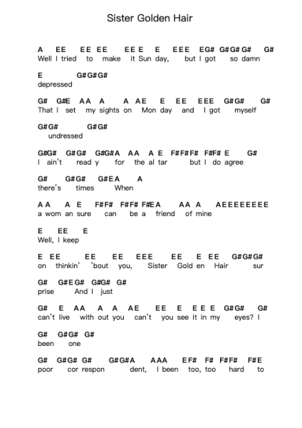 Sister Golden Hair Piano letter notes by America - Arr.Feltrid