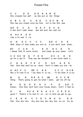 Forest Fire Piano letter notes by Lloyd Cole and The Commotions - Arr.Belllas Priestsopp