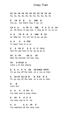 Crazy Train Piano letter notes by Ozzy Osbourne - Arr.Janecher Duh