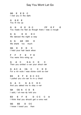 Say You Wont Let Go Piano letter notes by James Arthur - Arr.Flowergess
