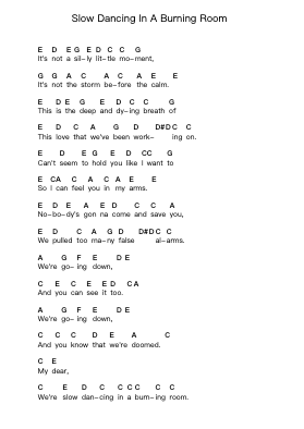 Slow Dancing In A Burning Room Piano letter notes by John Mayer - Arr.Linee Bushsopp