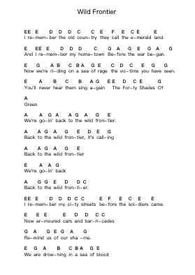 Wild Frontier Piano letter notes by Gary Moore - Arr.Brightfrances