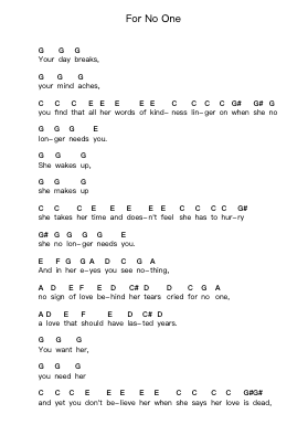 For No One Piano letter notes by The Beatles - Arr.Caewald Tabpritt