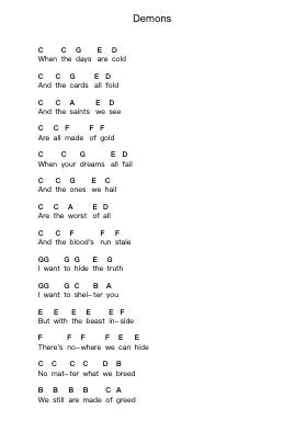 Demons Piano letter notes by Imagine Dragons - Arr.Reywood