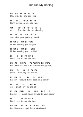 Die Die My Darling Piano letter notes by Misfits - Arr.Chesria