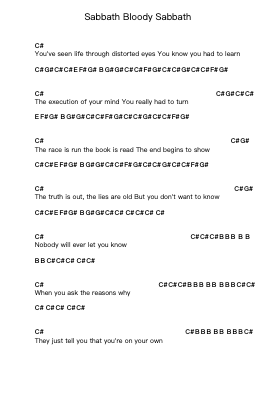 Sabbath Bloody Sabbath Piano letter notes by Black Sabbath - Arr.Bosphia Wisell