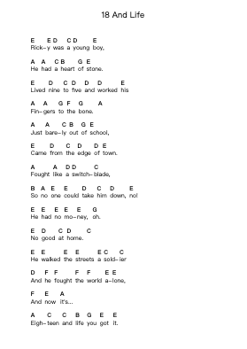 18 And Life Klavierbuchstaben-Noten von Skid Row - Arr.Huttbins