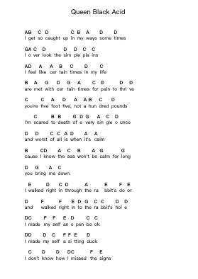 Queen Black Acid Piano letter notes by Menomena - Arr.Walshfox