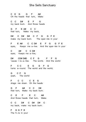 She Sells Sanctuary Piano letter notes by The Cult - Arr.Grifgins