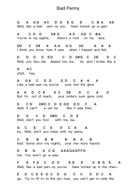 Bad Penny Piano letter notes by Rory Gallagher - Arr.Bloorvogt