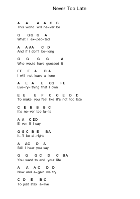 Never Too Late Piano letter notes by Three Days Grace - Arr.Leighruth