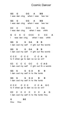 Cosmic Dancer Piano letter notes by T. Rex - Arr.Bobright