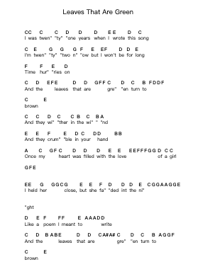 Leaves That Are Green Piano letter notes by Simon & Garfunkel - Arr.Handre Raekiel