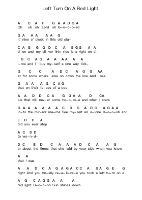 Left Turn On A Red Light Piano letter notes by Blackfoot - Arr.Blajeames Yulewood