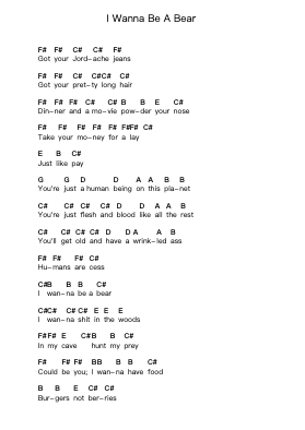 I Wanna Be A Bear Piano letter notes by Descendents - Arr.Paygill Noaho'neil
