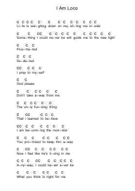 I Am Loco Piano letter notes by Ill Niño - Arr.Reywood