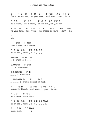 Come As You Are โน้ตตัวอักษรเปียโนโดย Nirvana - Arr.Kingsmiah Burnekyle