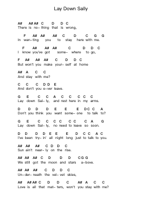 Lay Down Sally โน้ตตัวอักษรเปียโนโดย Eric Clapton - Arr.Cranewright Troycrofts
