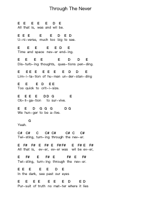 Through The Never Notas de piano en letras por Metallica - Arr.Raelo