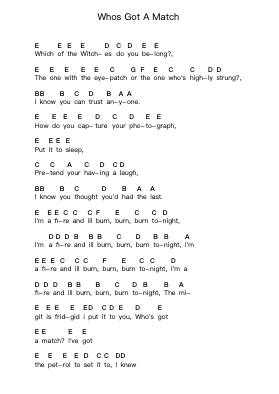Whos Got A Match Piano letter notes by Biffy Clyro - Arr.Tifdike Mupont