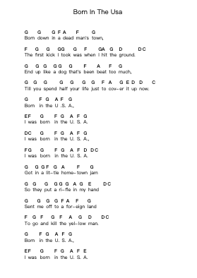 Born In The Usa Piano letter notes by Bruce Springsteen - Arr.Raemen