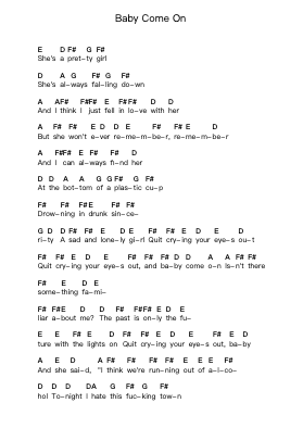 Baby Come On Piano letter notes by +44 - Arr.Pearghes Feltle