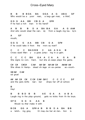 Cross-Eyed Mary Piano letter notes by Jethro Tull - Arr.Burnelett Loncil