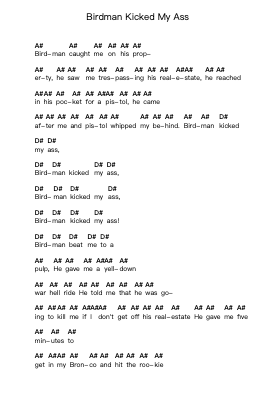 Birdman Kicked My Ass Piano letter notes by Wesley Willis - Arr.Duntrick