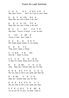 Youre So Last Summer Piano letter notes by Taking Back Sunday - Arr.Wyldesa Ocdine