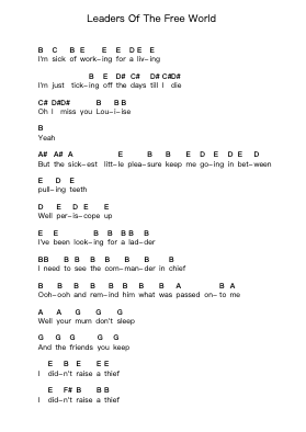 Leaders Of The Free World Piano letter notes by Elbow - Arr.Nelljean Jorking