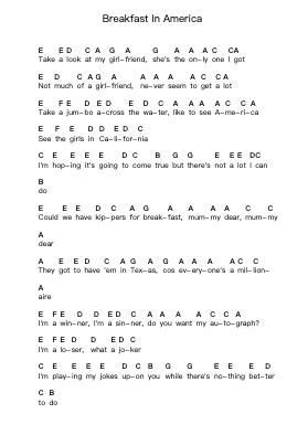 Breakfast In America पियानो पत्र नोट्स द्वारा Supertramp - Arr.Wancolm