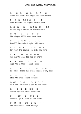One Too Many Mornings Piano letter notes by Bob Dylan - Arr.Deirmand